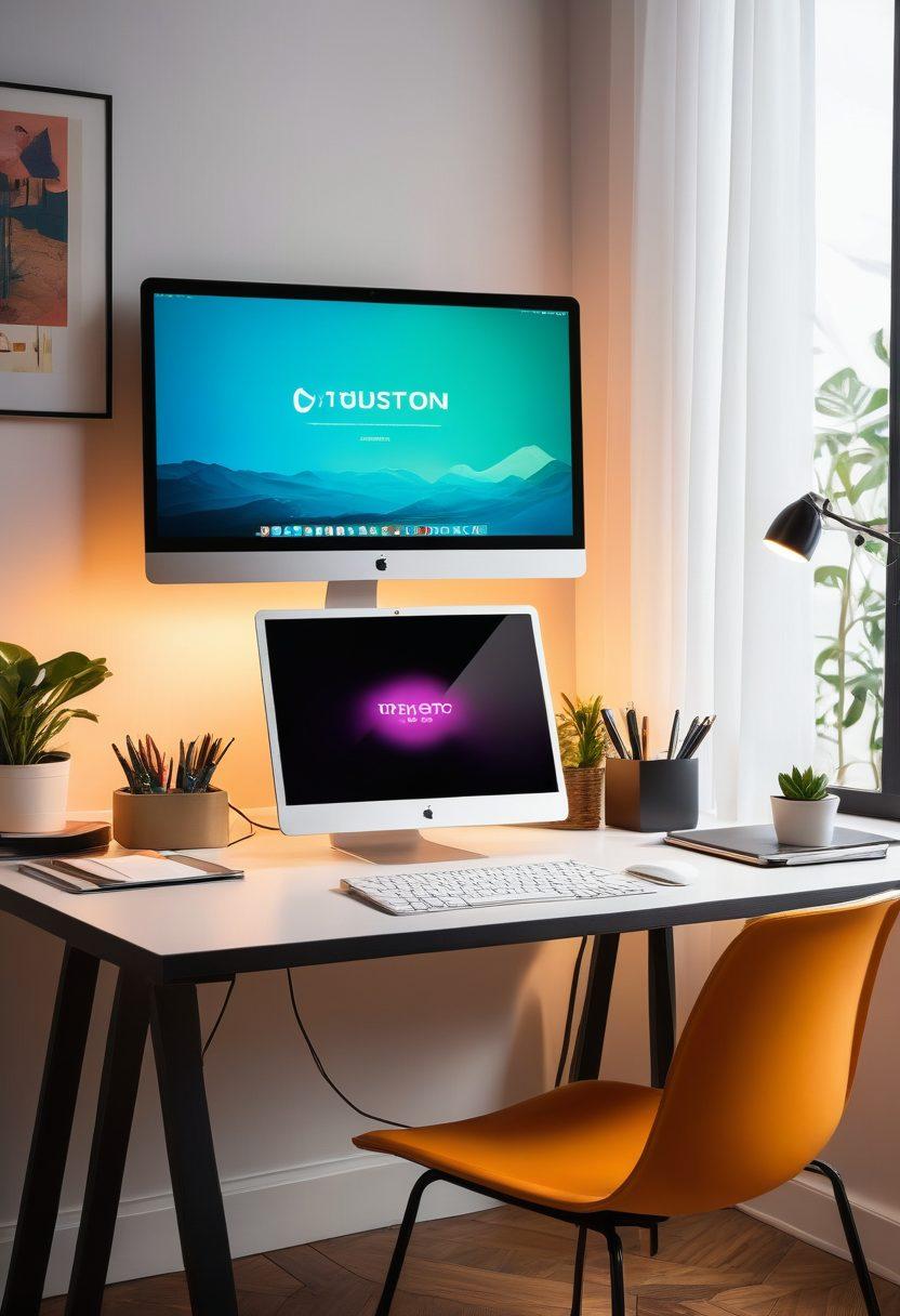 A modern, stylish workspace featuring a laptop open to a vibrant multimedia blogging platform, surrounded by icons representing video, audio, and interactive content. Incorporate subtle hints of adult entertainment imagery, like artistic silhouettes or abstract designs, while maintaining a professional vibe. Warm, inviting lighting enhances the atmosphere, suggesting creativity and innovation. Minimalistic, with a blend of playful and elegant elements. super-realistic. vibrant colors. modern aesthetic.
