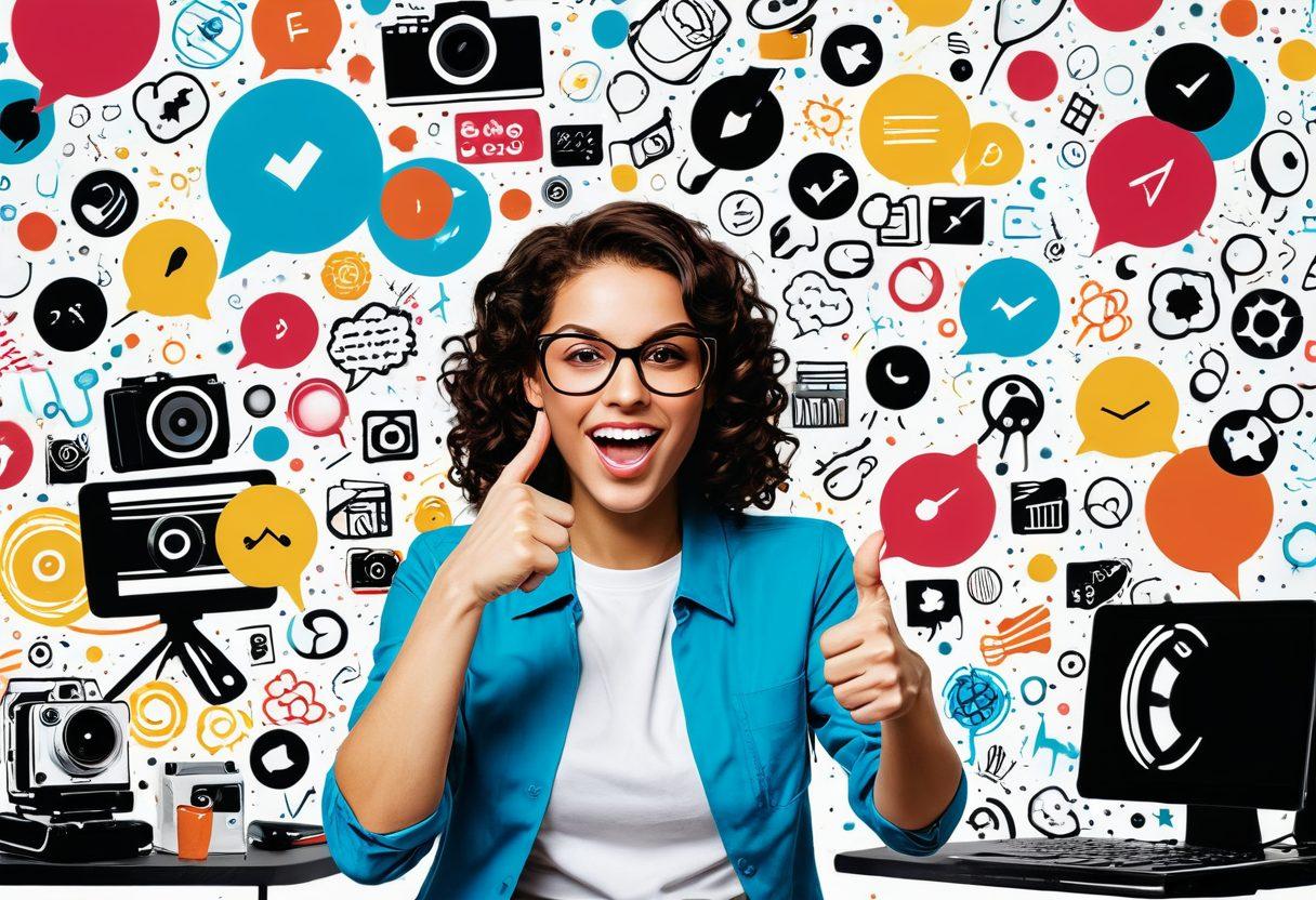 A dynamic and eye-catching digital collage showcasing various aspects of video content creation for adult entertainment blogs. Feature a stylish filmmaker recording a lively scene, surrounded by vibrant video editing tools and screens displaying engaging adult content. Incorporate bold colors, playful graphics, and a sense of movement to capture the excitement of the industry. Include elements representing viewer engagement, like thumbs up and comment bubbles. modern vector art. vibrant colors. white background.