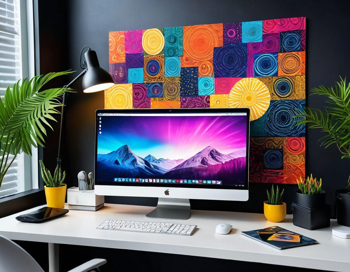 A modern workspace with a stylish laptop displaying an adult entertainment vlog on the screen, surrounded by vibrant decor reflecting a lively online media atmosphere. Include elements like a microphone, a camera, and colorful graphics floating in the air to symbolize creativity and engagement. The overall mood should be energetic and inviting, embodying the essence of a bustling digital landscape. super-realistic. vibrant colors. 3D.